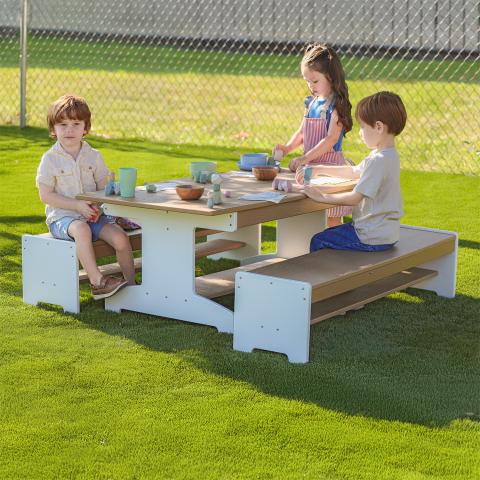 WB2910 outdoorED™ Table and Two Benches Set_outside with models